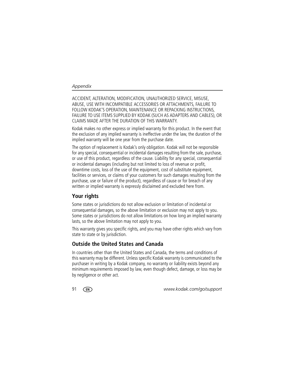 Your rights, Outside the united states and canada | Kodak P712 User Manual | Page 98 / 110