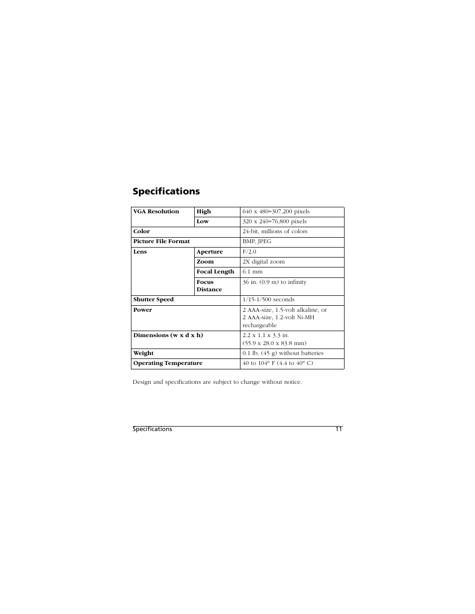 Specifications | Kodak PALMPIX User Manual | Page 11 / 18
