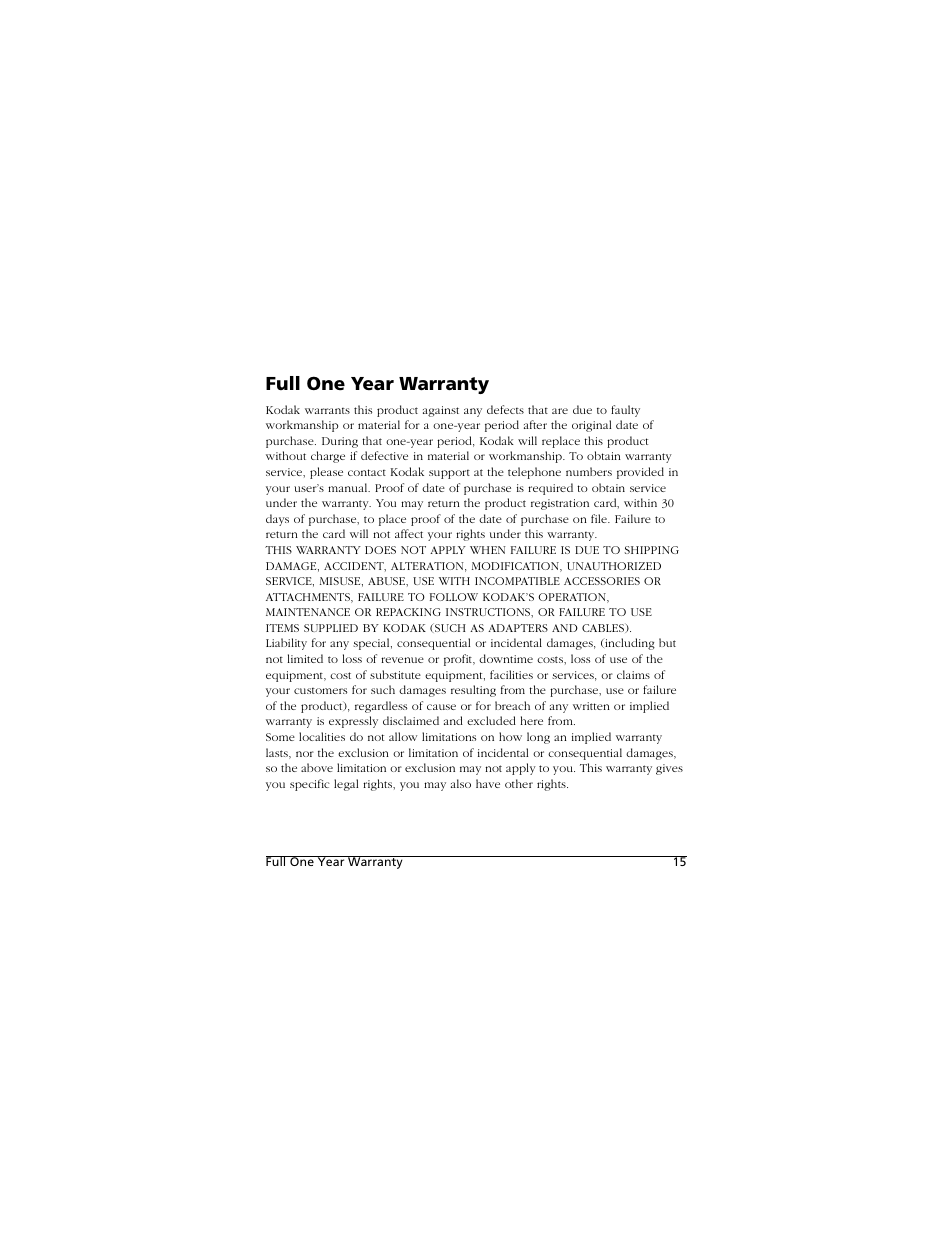 Full one year warranty | Kodak PALMPIX User Manual | Page 15 / 18