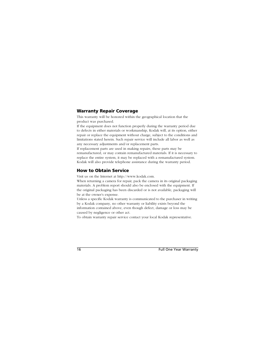 Warranty repair coverage, How to obtain service | Kodak PALMPIX User Manual | Page 16 / 18