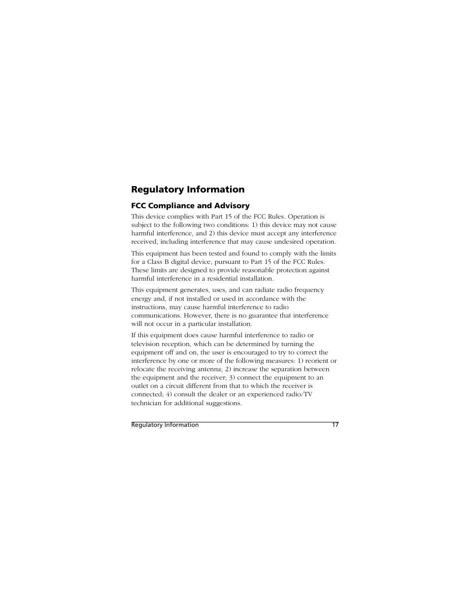 Regulatory information, Fcc compliance and advisory | Kodak PALMPIX User Manual | Page 17 / 18