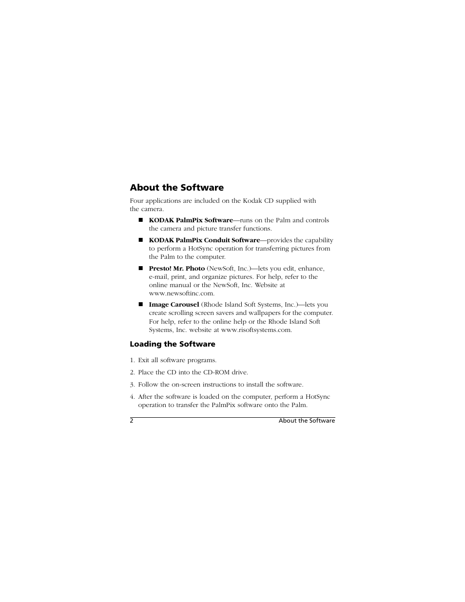 About the software, Loading the software | Kodak PALMPIX User Manual | Page 2 / 18