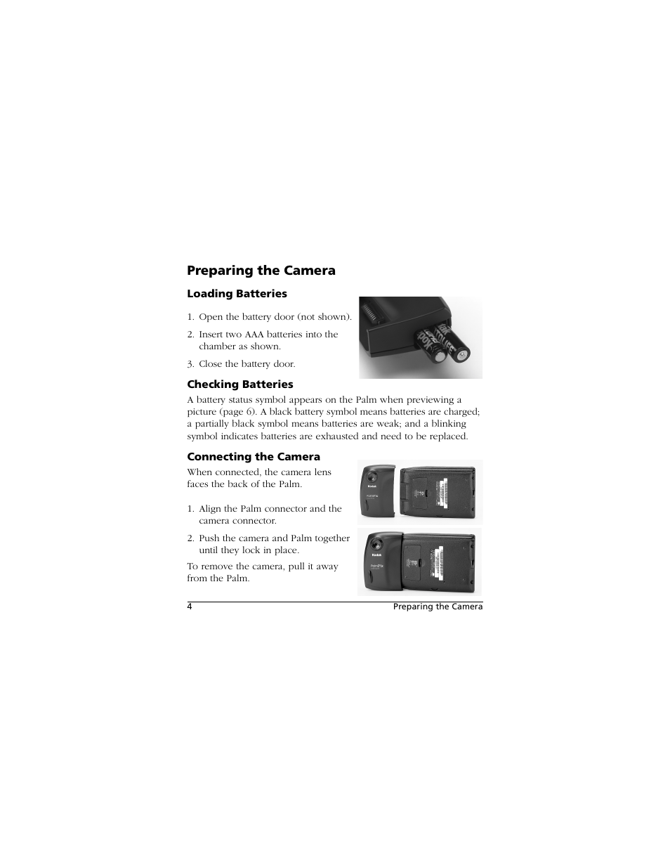 Preparing the camera, Loading batteries, Checking batteries | Connecting the camera | Kodak PALMPIX User Manual | Page 4 / 18