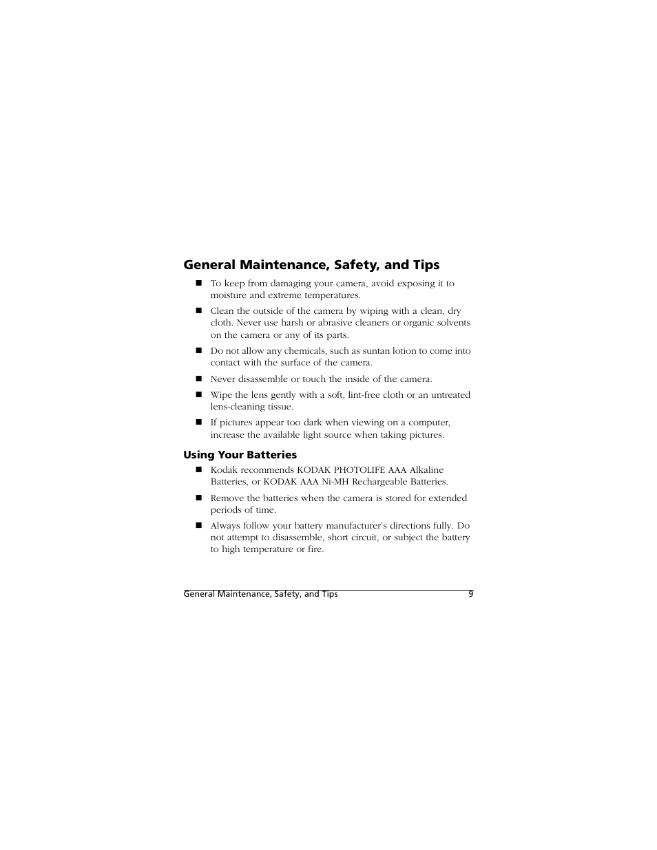 General maintenance, safety, and tips, Using your batteries | Kodak PALMPIX User Manual | Page 9 / 18
