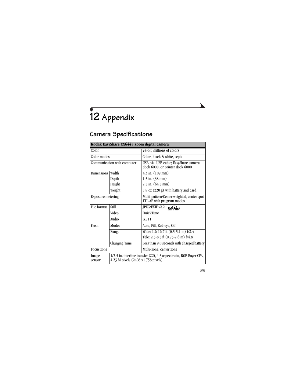 12 appendix, Camera specifications, Appendix | Kodak CX6445 User Manual | Page 111 / 130