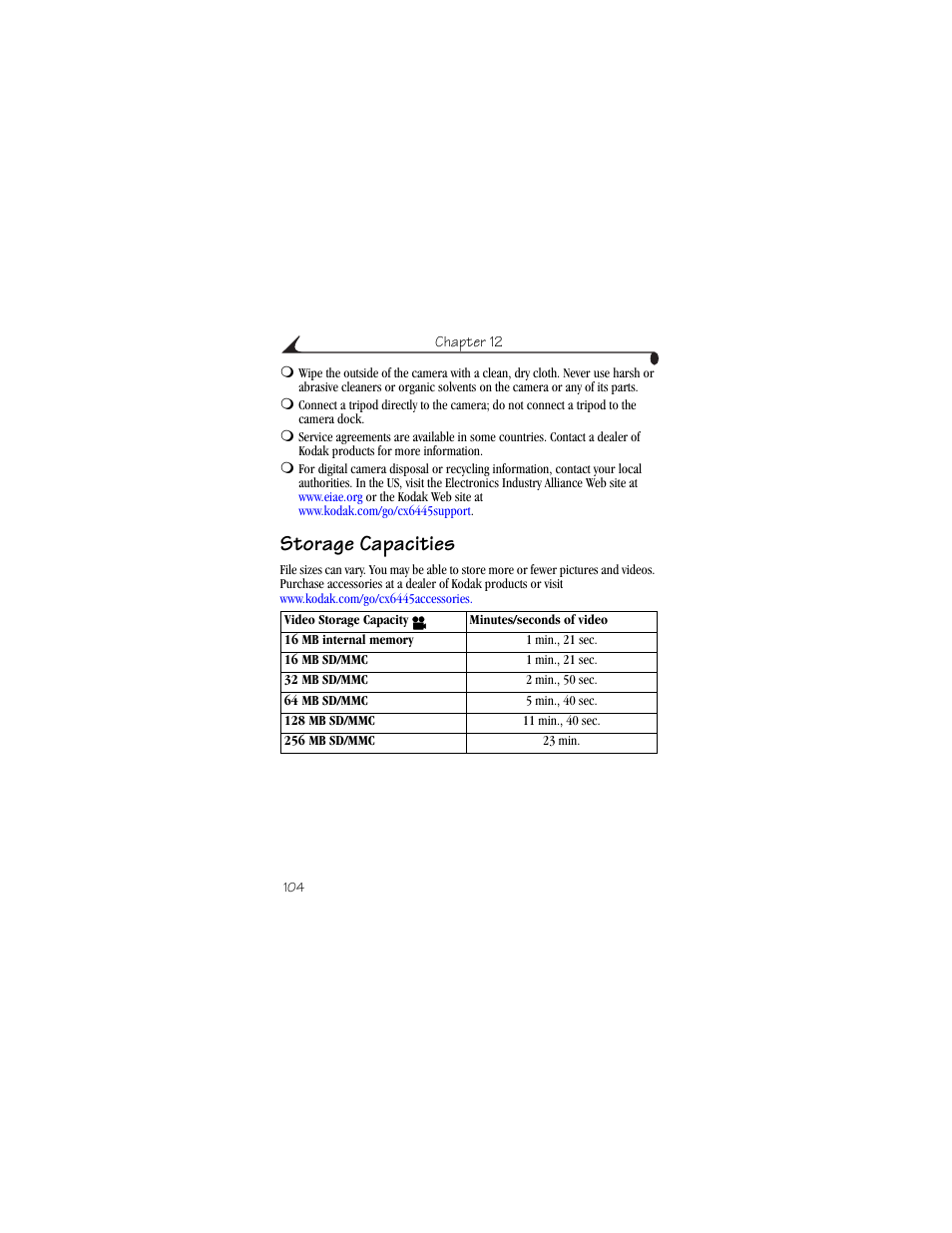 Storage capacities | Kodak CX6445 User Manual | Page 116 / 130