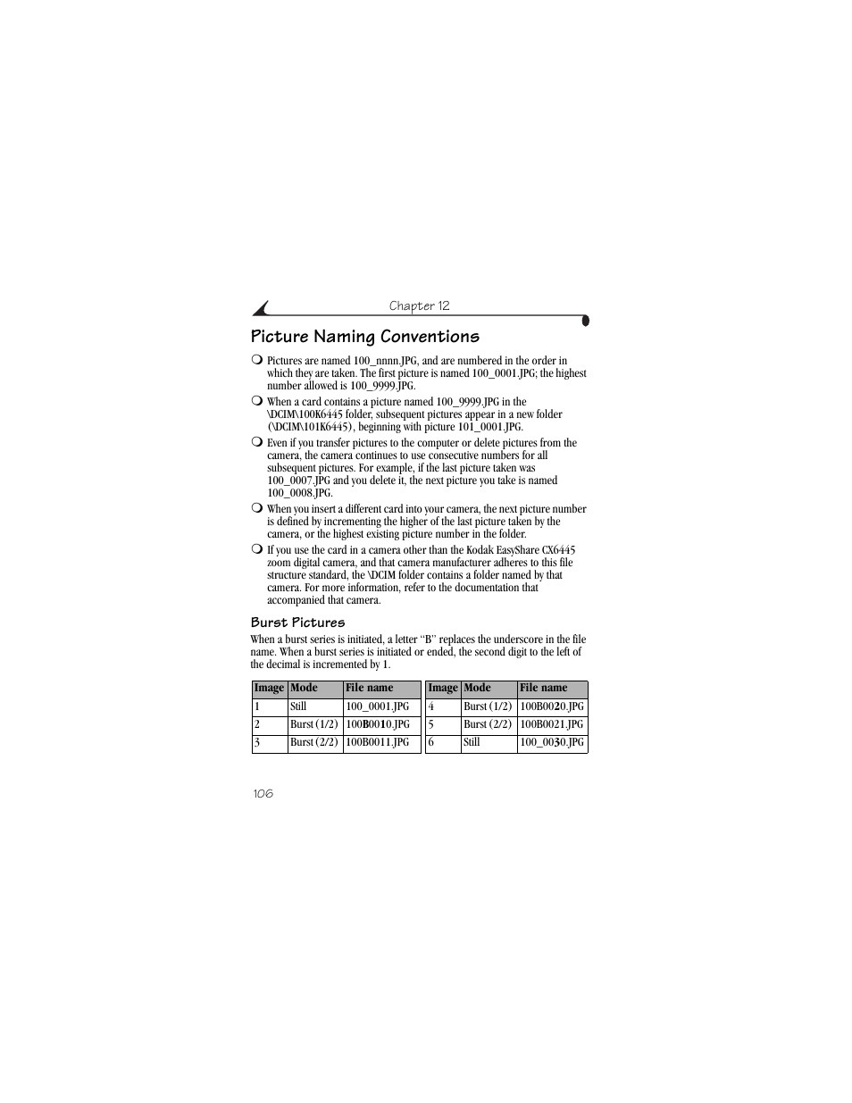 Picture naming conventions, Burst pictures | Kodak CX6445 User Manual | Page 118 / 130