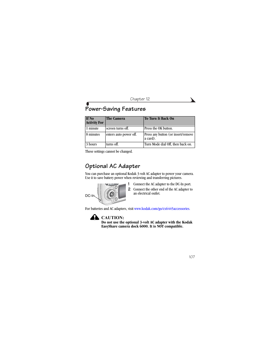 Power-saving features, Optional ac adapter, Power-saving features optional ac adapter | Kodak CX6445 User Manual | Page 119 / 130