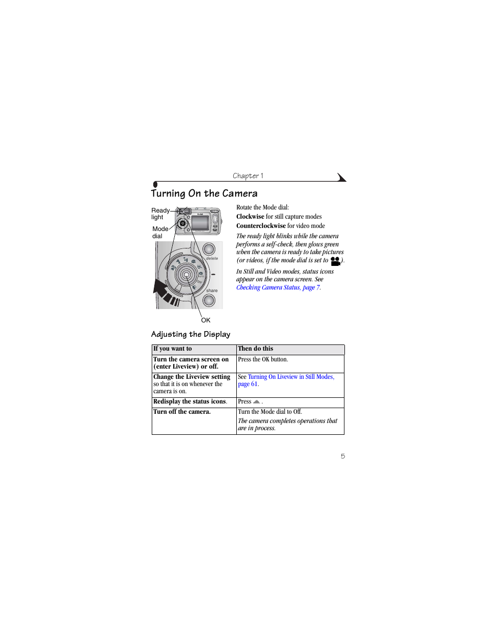 Turning on the camera, Adjusting the display | Kodak CX6445 User Manual | Page 17 / 130