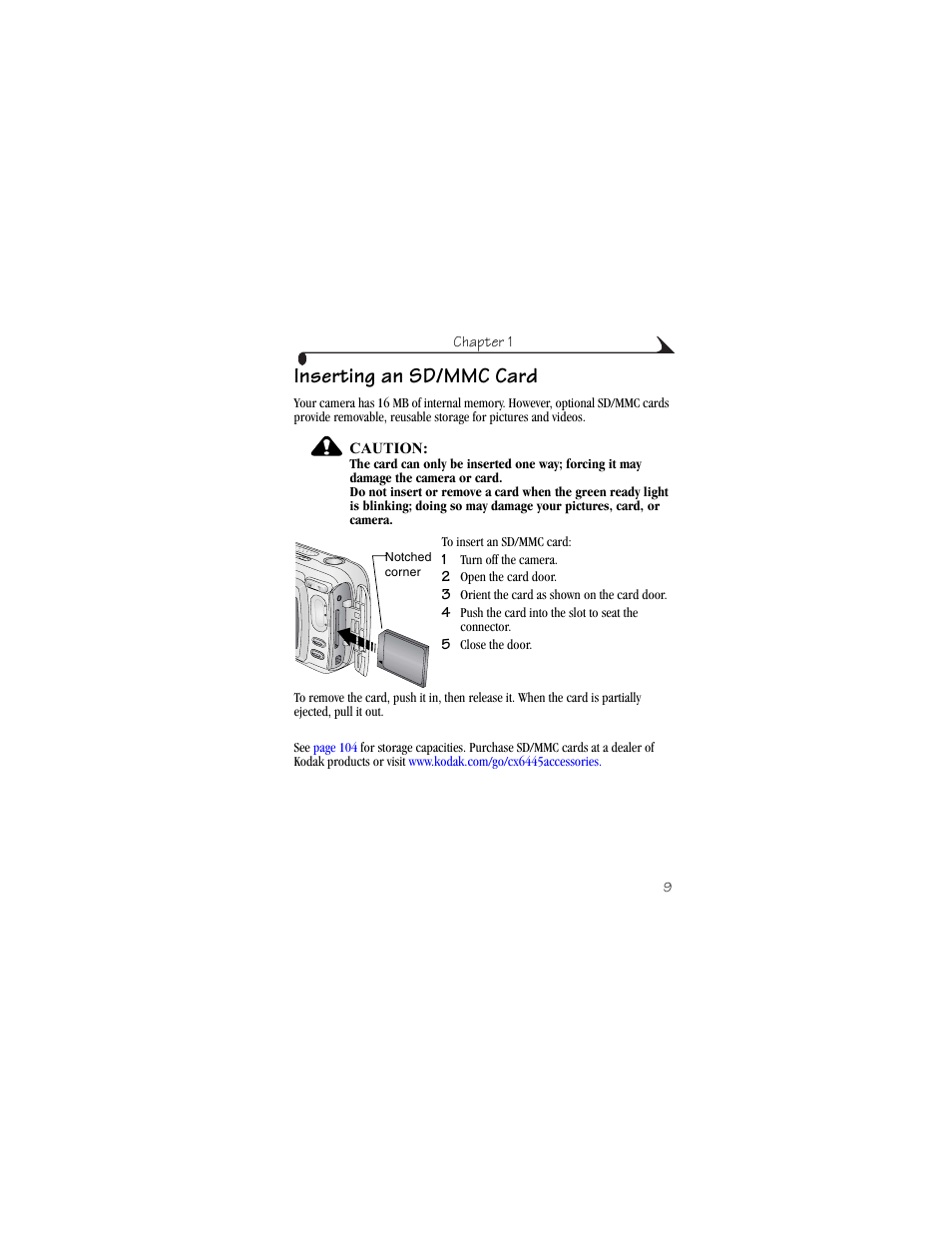 Inserting an sd/mmc card | Kodak CX6445 User Manual | Page 21 / 130