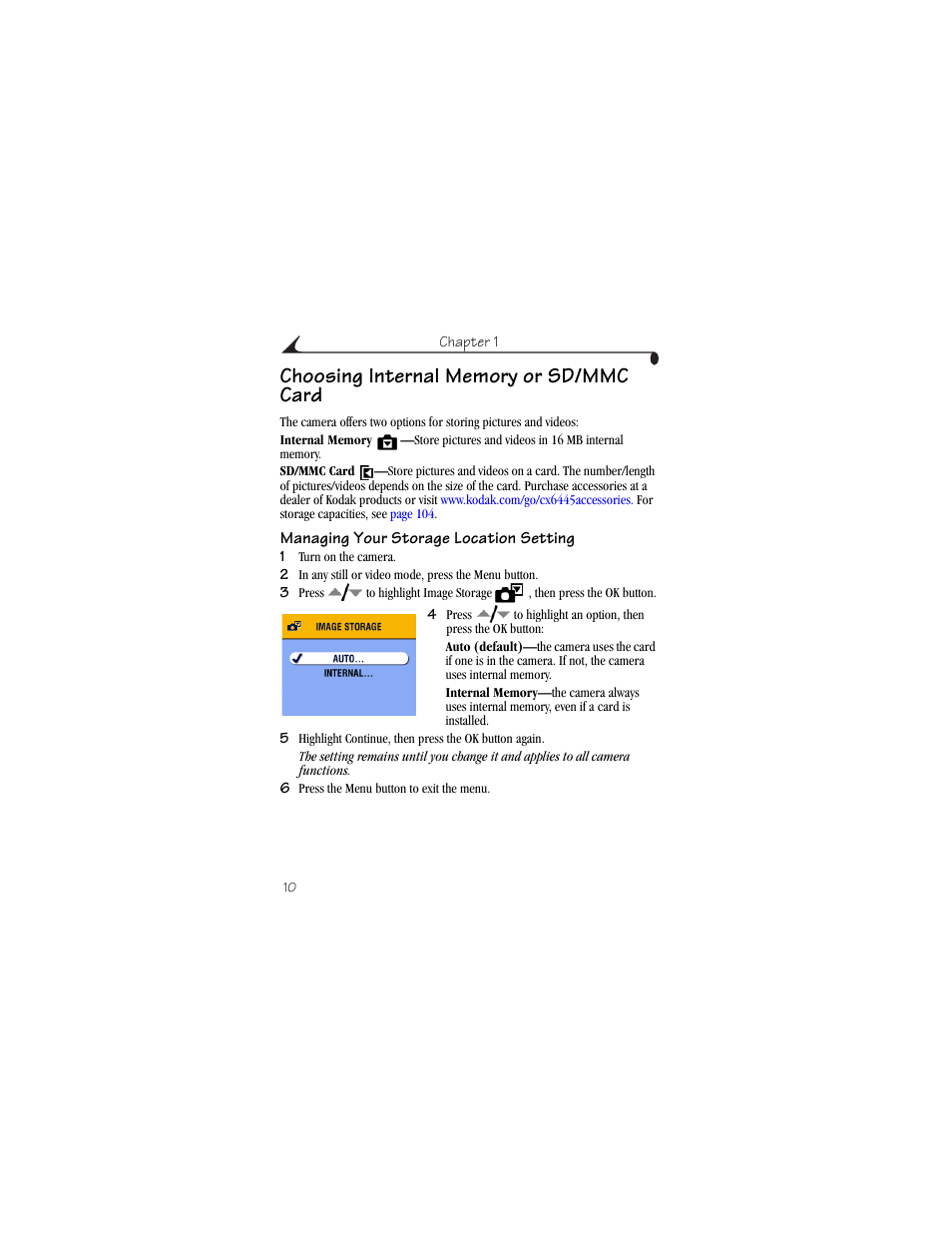 Choosing internal memory or sd/mmc card, Managing your storage location setting | Kodak CX6445 User Manual | Page 22 / 130