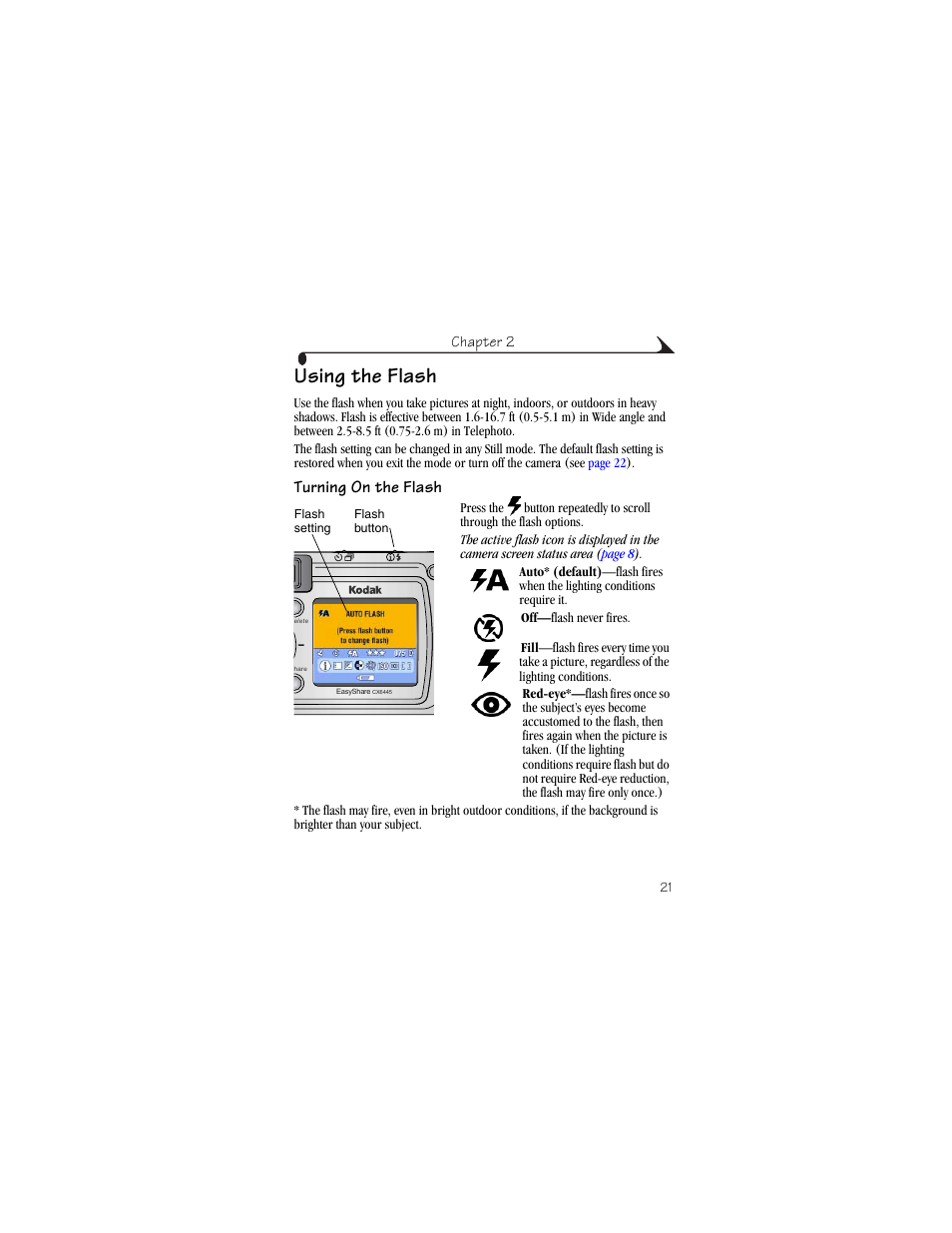Using the flash, Turning on the flash | Kodak CX6445 User Manual | Page 33 / 130