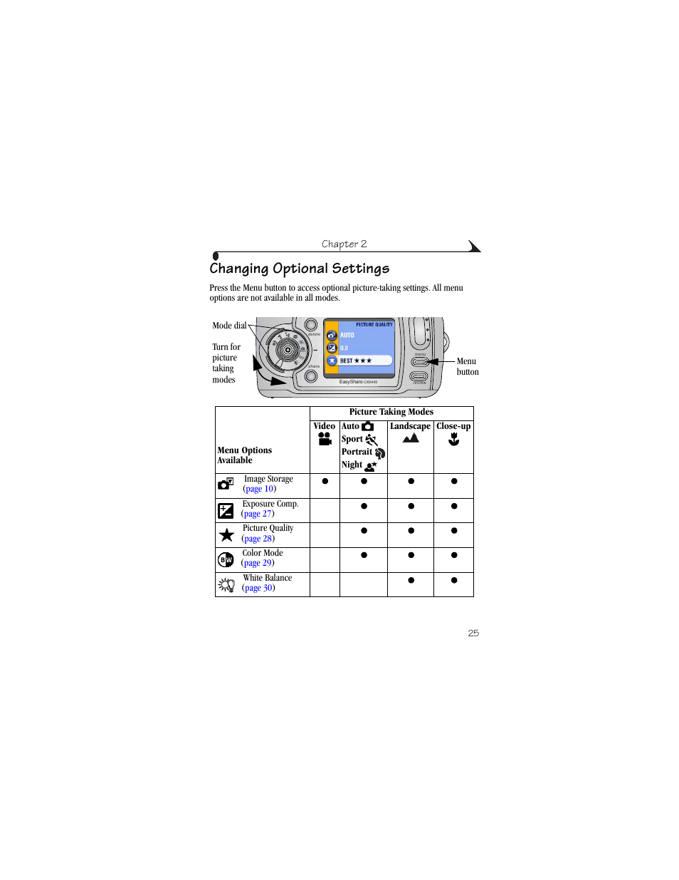 Changing optional settings | Kodak CX6445 User Manual | Page 37 / 130