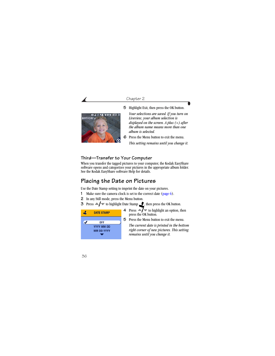 Third-transfer to your computer, Placing the date on pictures | Kodak CX6445 User Manual | Page 48 / 130
