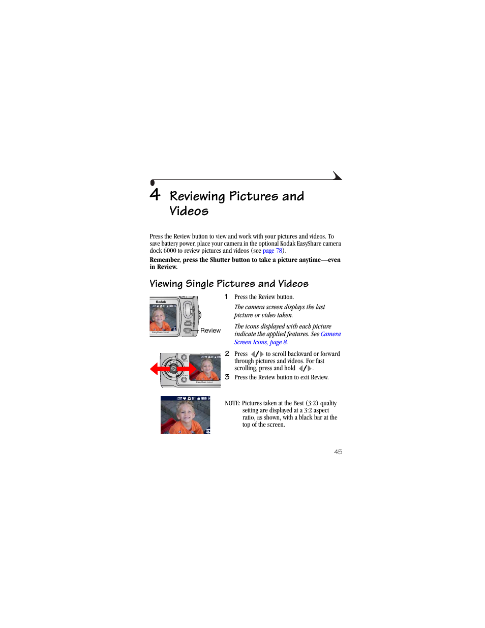 4 reviewing pictures and videos, Viewing single pictures and videos, Reviewing pictures and videos | Kodak CX6445 User Manual | Page 57 / 130