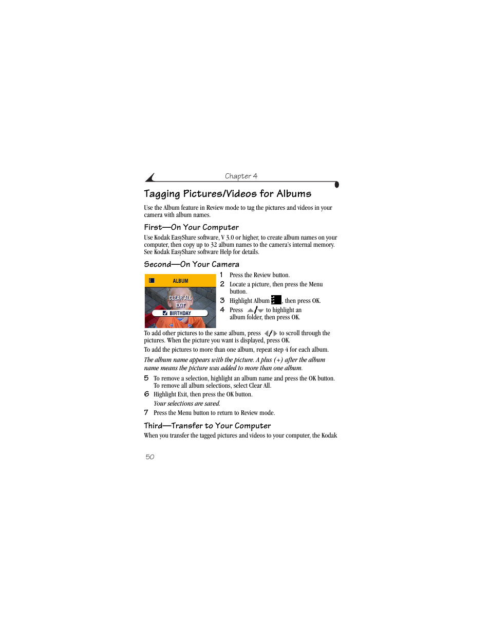 Tagging pictures/videos for albums, First-on your computer, Second-on your camera | Third-transfer to your computer | Kodak CX6445 User Manual | Page 62 / 130
