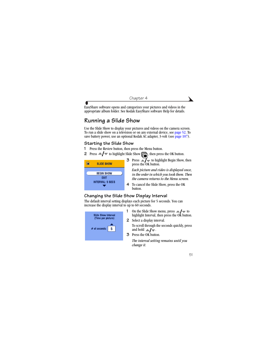 Running a slide show, Starting the slide show, Changing the slide show display interval | Kodak CX6445 User Manual | Page 63 / 130
