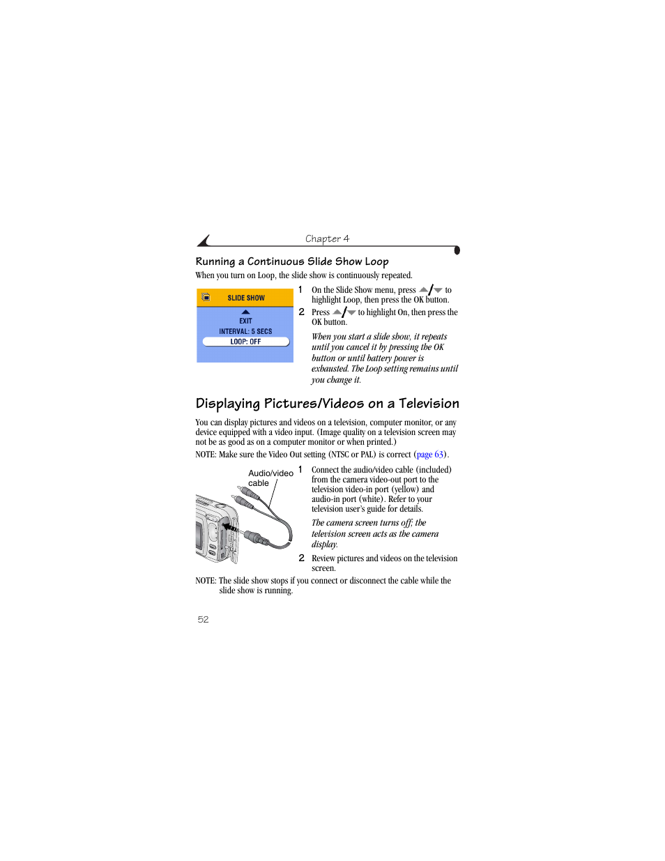 Running a continuous slide show loop, Displaying pictures/videos on a television | Kodak CX6445 User Manual | Page 64 / 130