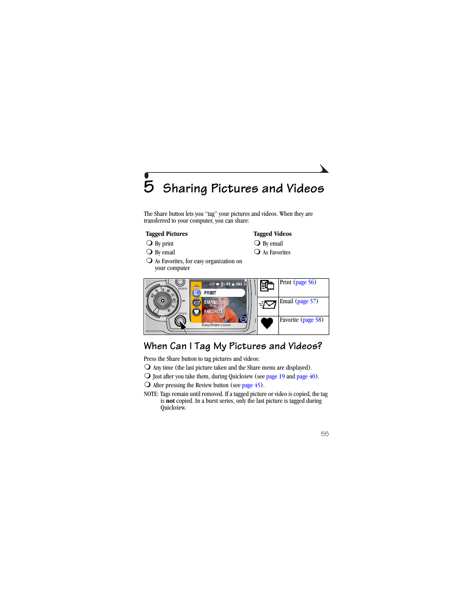 5 sharing pictures and videos, When can i tag my pictures and videos, Share | Sharing pictures and videos | Kodak CX6445 User Manual | Page 67 / 130