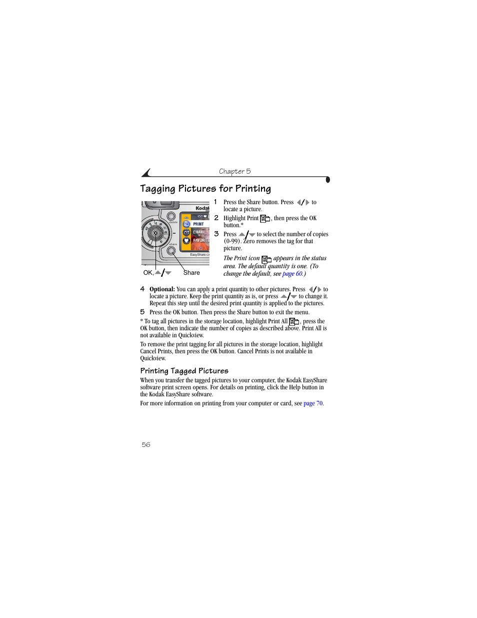 Tagging pictures for printing, Printing tagged pictures | Kodak CX6445 User Manual | Page 68 / 130
