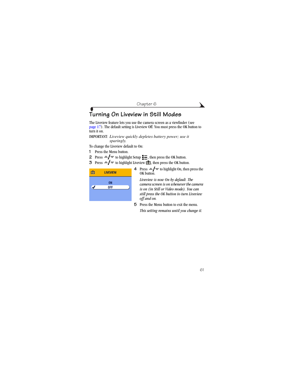 Turning on liveview in still modes | Kodak CX6445 User Manual | Page 73 / 130