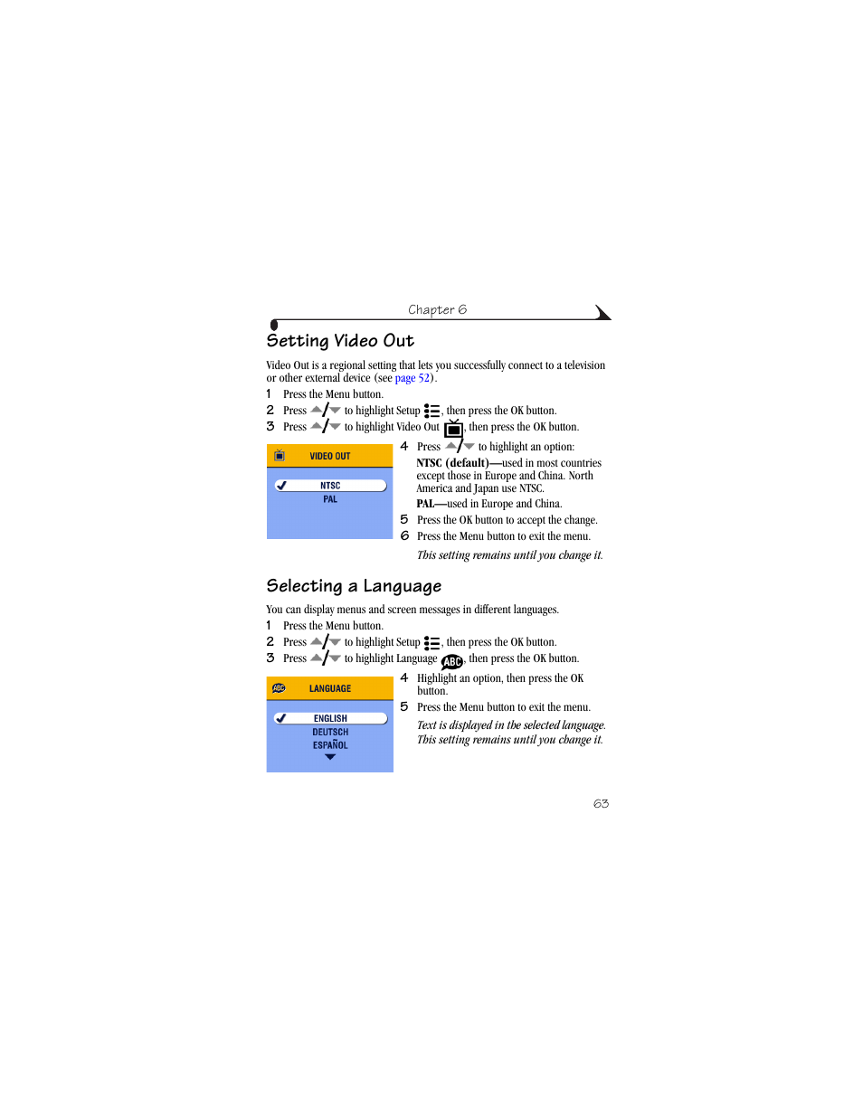 Setting video out, Selecting a language, Setting video out selecting a language | Kodak CX6445 User Manual | Page 75 / 130