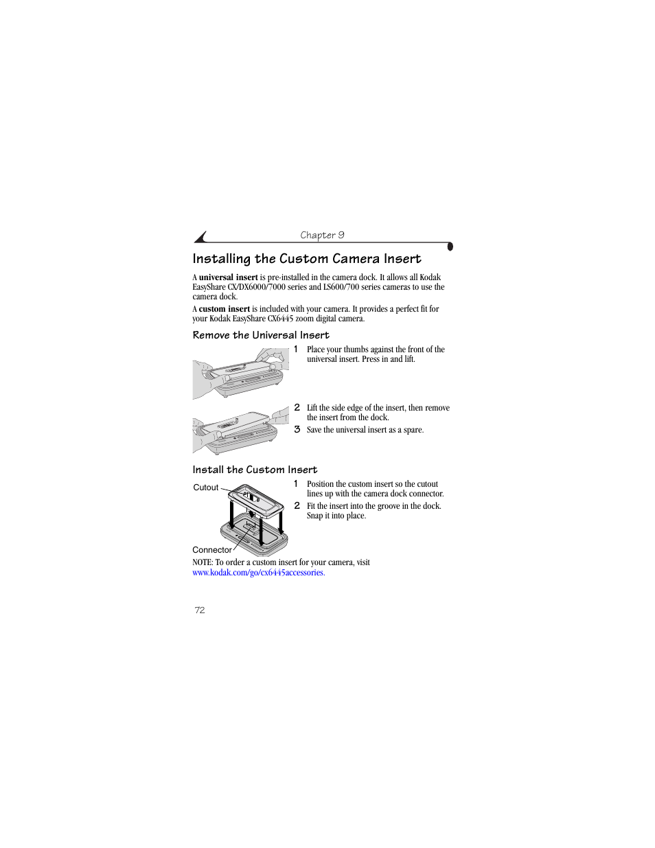 Installing the custom camera insert, Remove the universal insert, Install the custom insert | Kodak CX6445 User Manual | Page 84 / 130