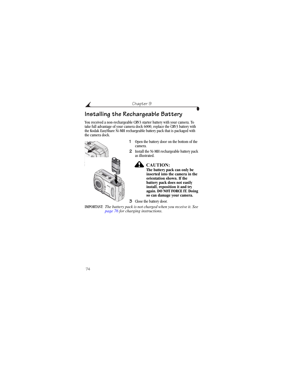 Installing the rechargeable battery, Chapter 9, Caution | Open the battery door on the bottom of the camera | Kodak CX6445 User Manual | Page 86 / 130