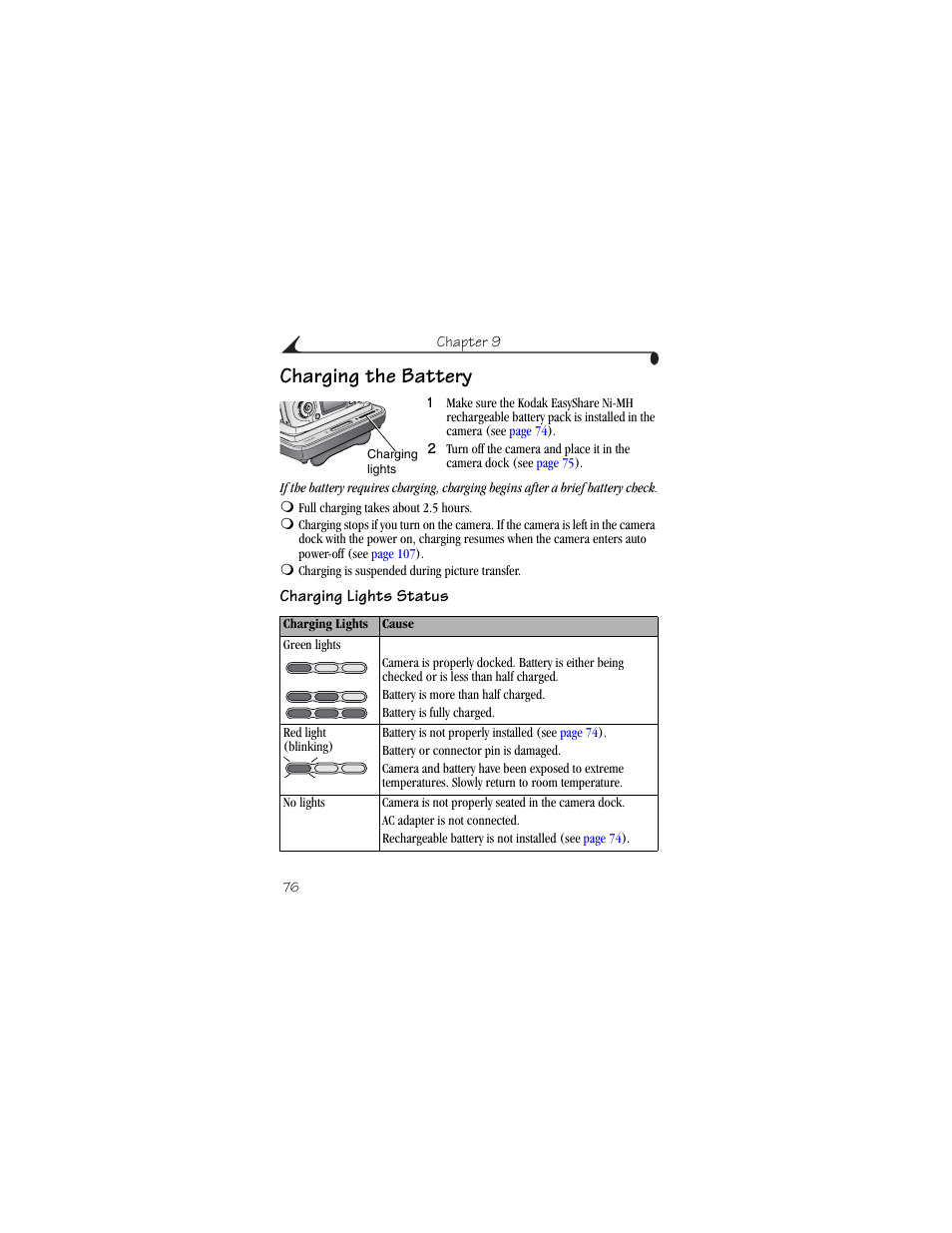 Charging the battery, Charging lights status | Kodak CX6445 User Manual | Page 88 / 130