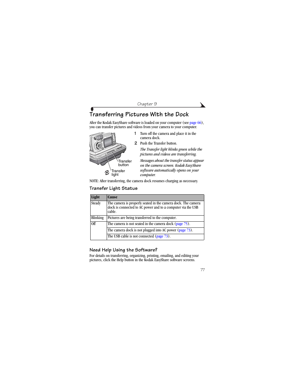 Transferring pictures with the dock, Transfer light status, Need help using the software | Kodak CX6445 User Manual | Page 89 / 130