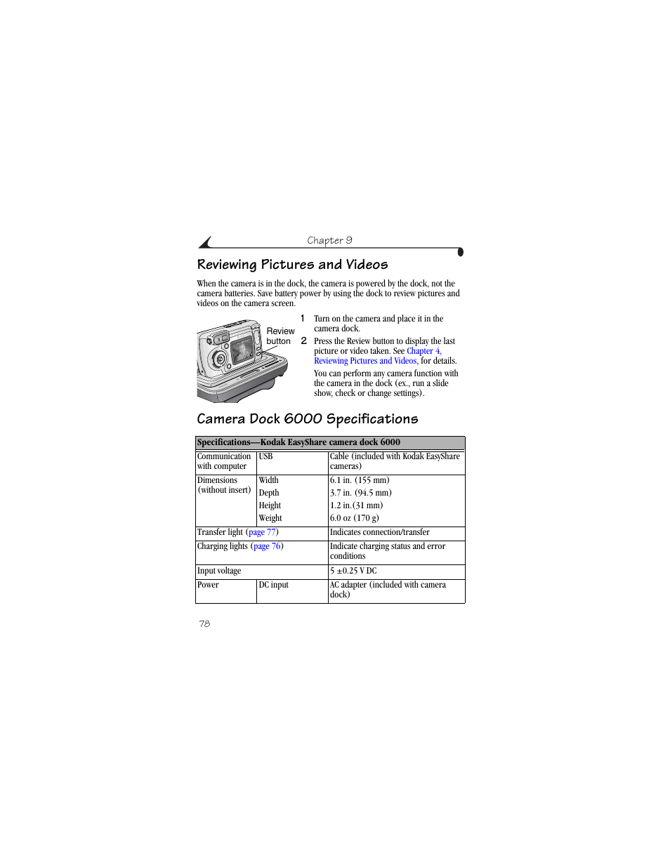 Reviewing pictures and videos, Camera dock 6000 specifications | Kodak CX6445 User Manual | Page 90 / 130
