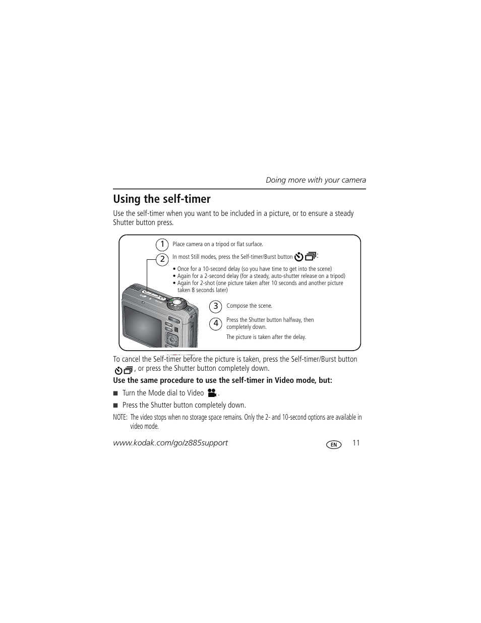 Using the self-timer | Kodak Z885 User Manual | Page 11 / 27