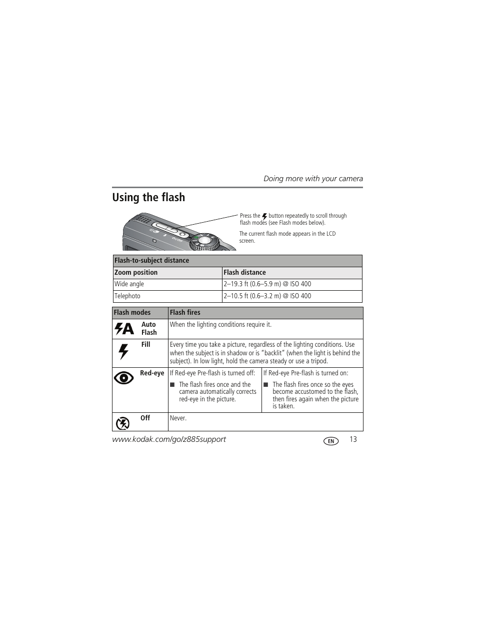 Using the flash | Kodak Z885 User Manual | Page 13 / 27