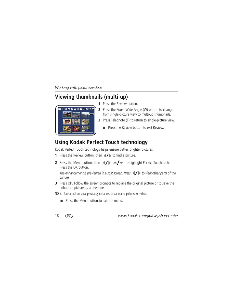 Viewing thumbnails (multi-up), Using kodak perfect touch technology | Kodak Z885 User Manual | Page 18 / 27
