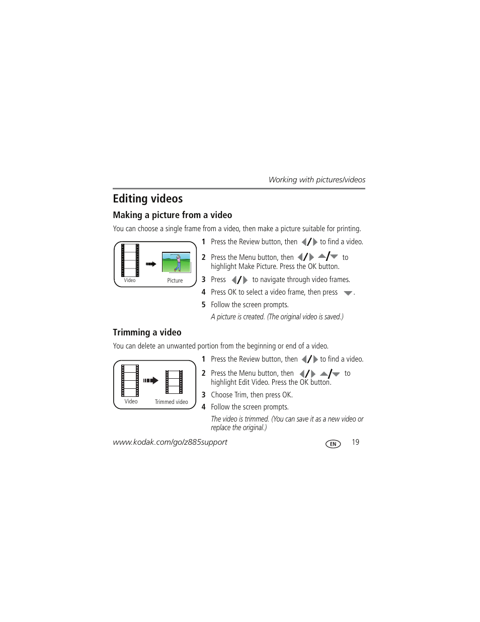 Editing videos | Kodak Z885 User Manual | Page 19 / 27