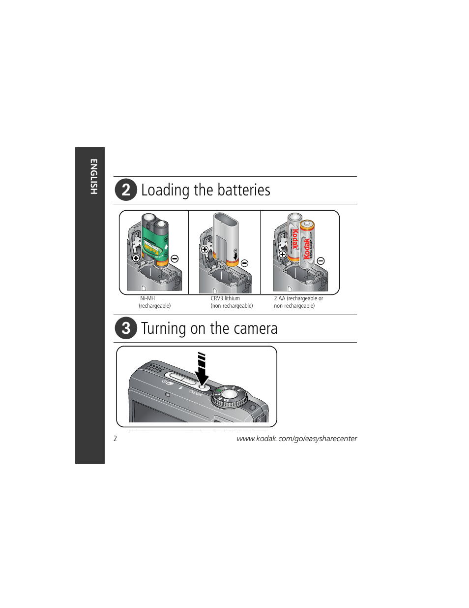 Loading the batteries, Turning on the camera | Kodak Z885 User Manual | Page 2 / 27