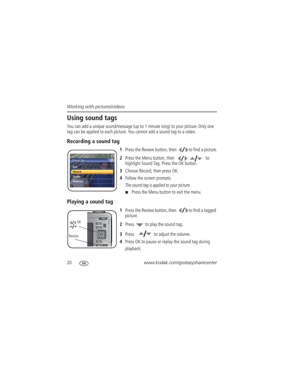 Using sound tags | Kodak Z885 User Manual | Page 20 / 27