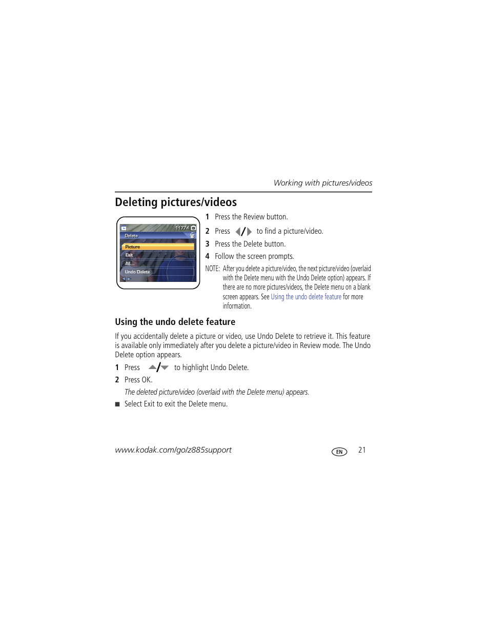 Deleting pictures/videos | Kodak Z885 User Manual | Page 21 / 27