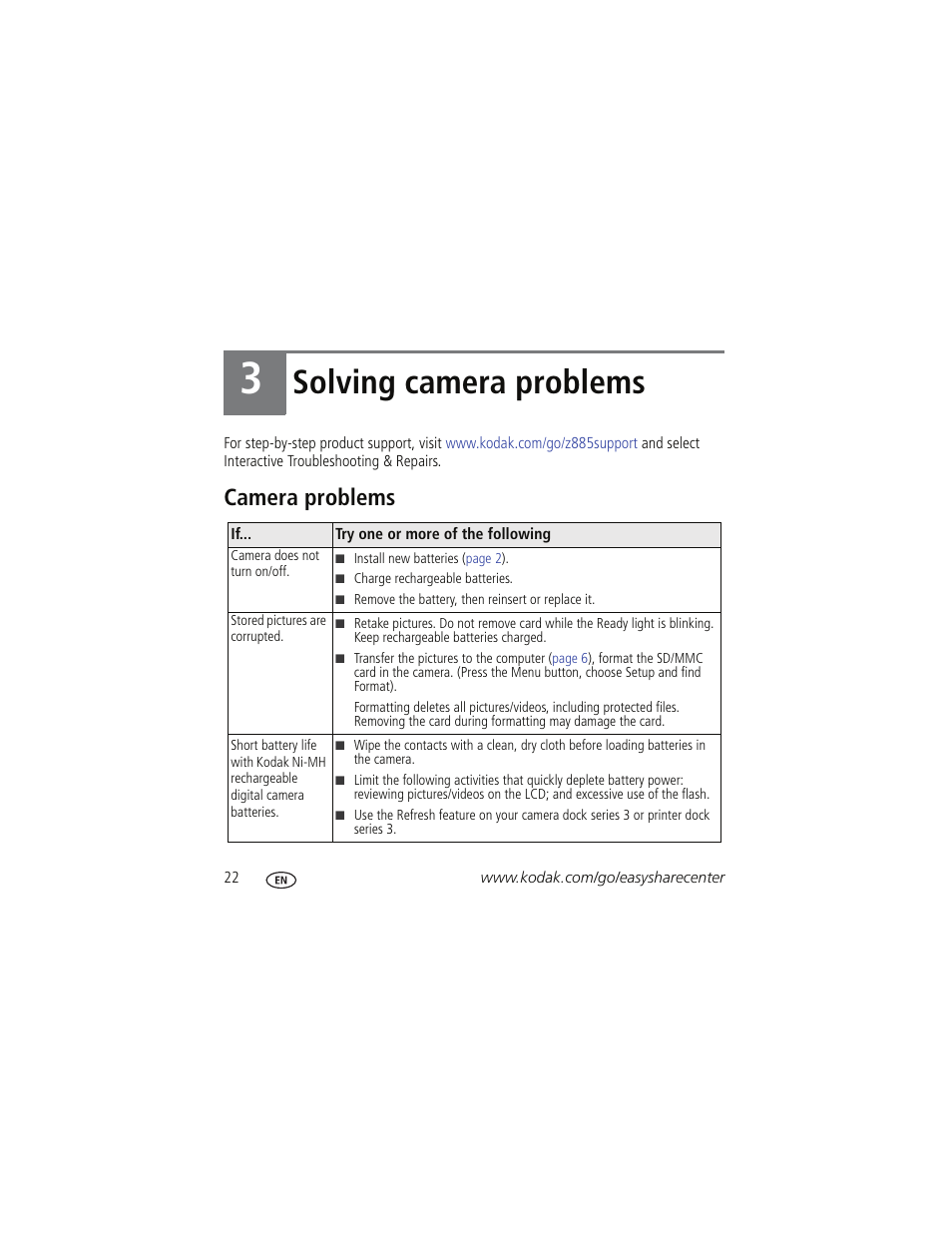 Solving camera problems, Camera problems | Kodak Z885 User Manual | Page 22 / 27