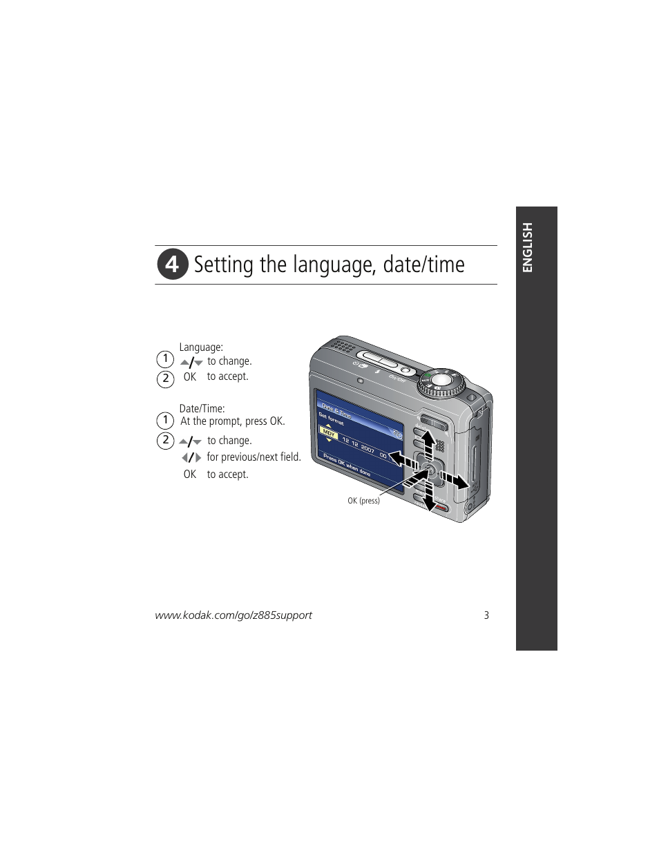 Setting the language, date/time | Kodak Z885 User Manual | Page 3 / 27