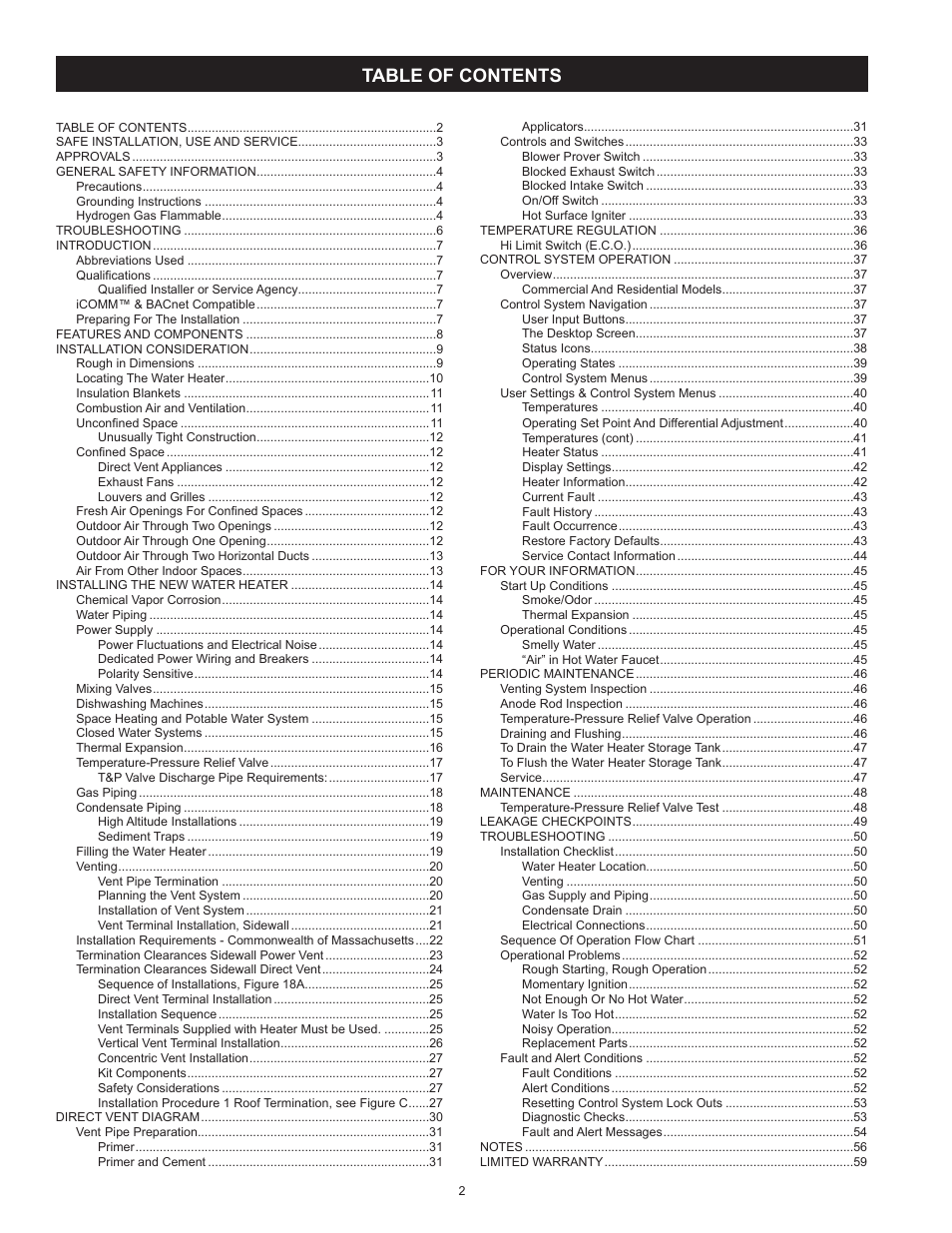A.O. Smith Vertex 100 Power Vent DV Series 120 User Manual | Page 2 / 60