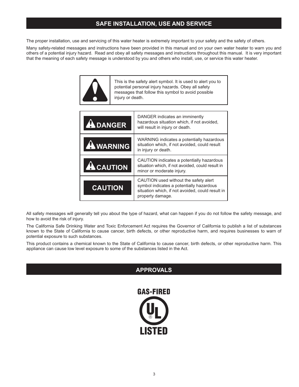 Danger warning caution caution | A.O. Smith Vertex 100 Power Vent DV Series 120 User Manual | Page 3 / 60