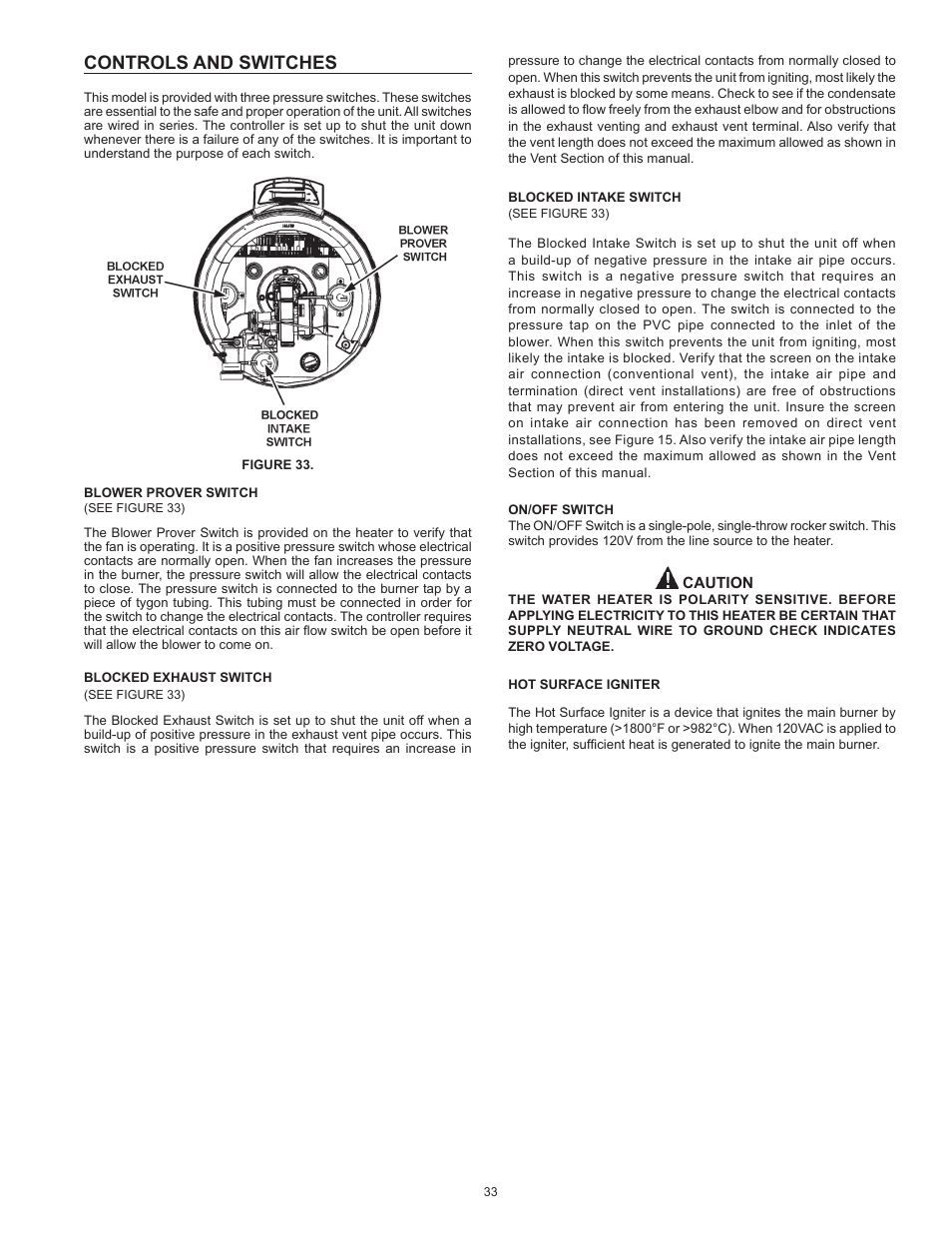 Controls and switches | A.O. Smith Vertex 100 Power Vent DV Series 120 User Manual | Page 33 / 60