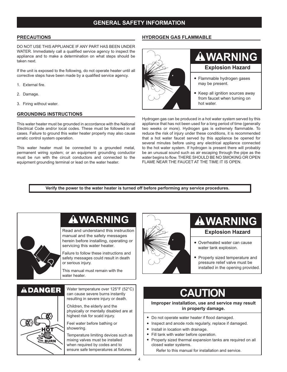 Caution, Explosion hazard, General safety information | A.O. Smith Vertex 100 Power Vent DV Series 120 User Manual | Page 4 / 60