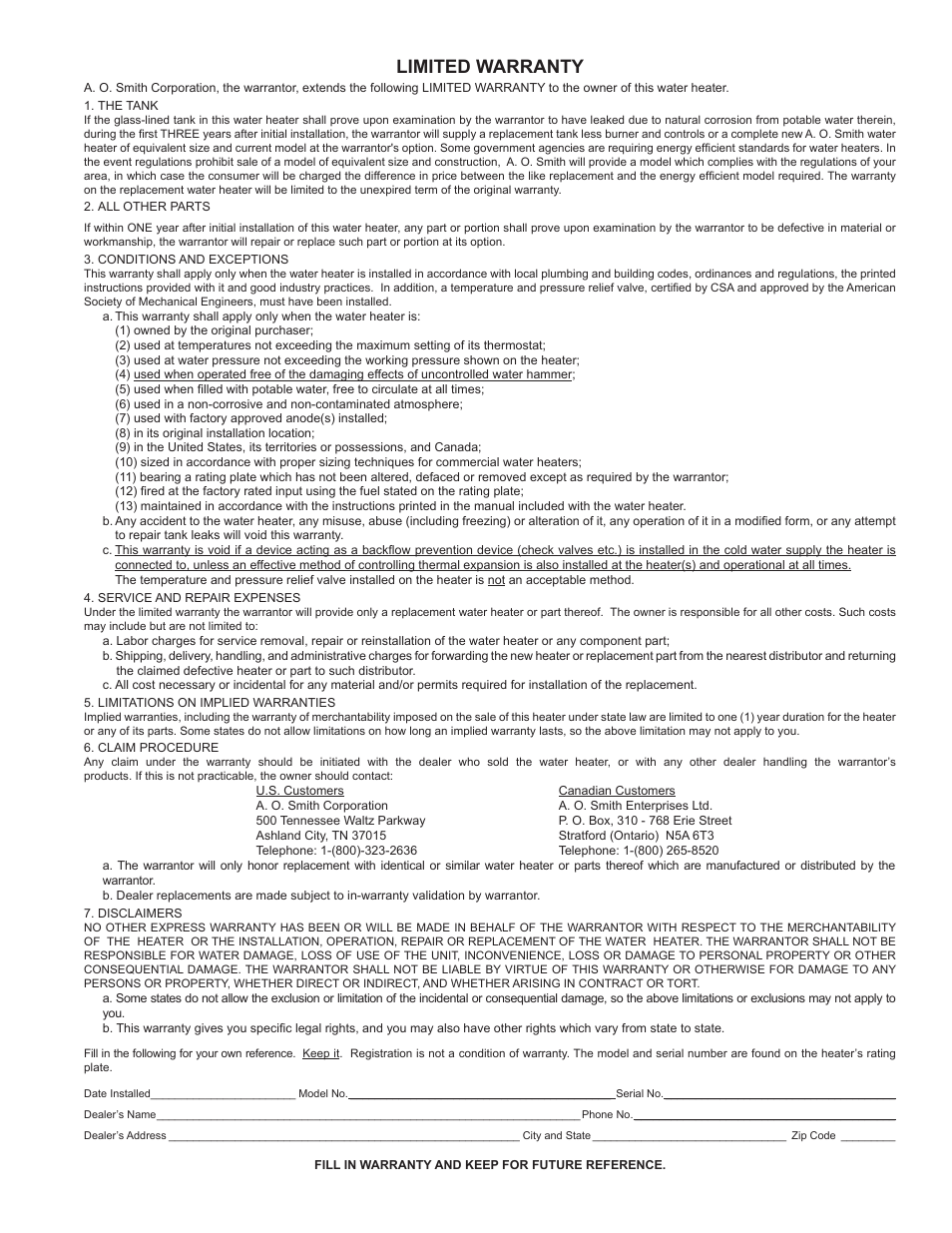 Limited warranty | A.O. Smith Vertex 100 Power Vent DV Series 120 User Manual | Page 59 / 60