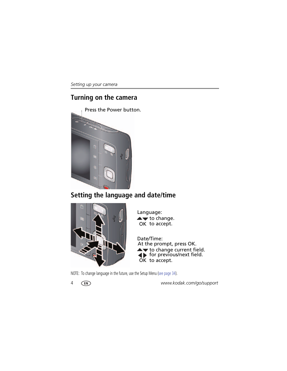 Turning on the camera, Setting the language and date/time | Kodak M531 User Manual | Page 10 / 66