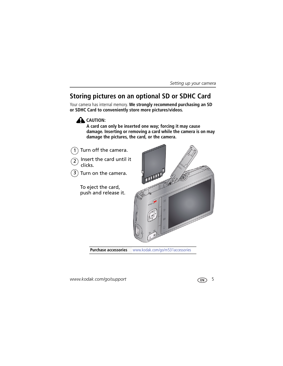 Storing pictures on an optional sd or sdhc card | Kodak M531 User Manual | Page 11 / 66