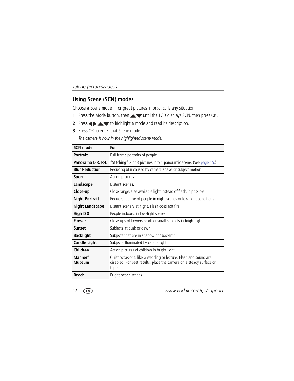 Using scene (scn) modes, Ation. (see | Kodak M531 User Manual | Page 18 / 66