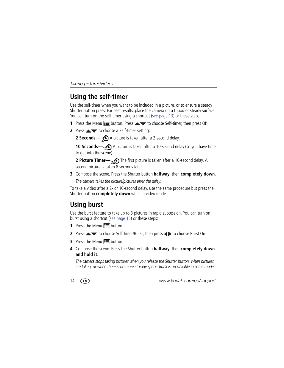 Using the self-timer, Using burst, Using the self-timer using burst | Kodak M531 User Manual | Page 20 / 66
