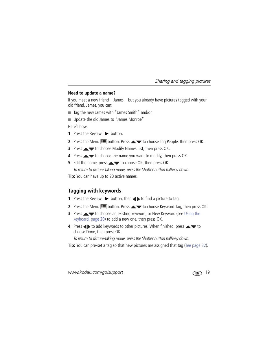 Need to update a name, Tagging with keywords | Kodak M531 User Manual | Page 25 / 66